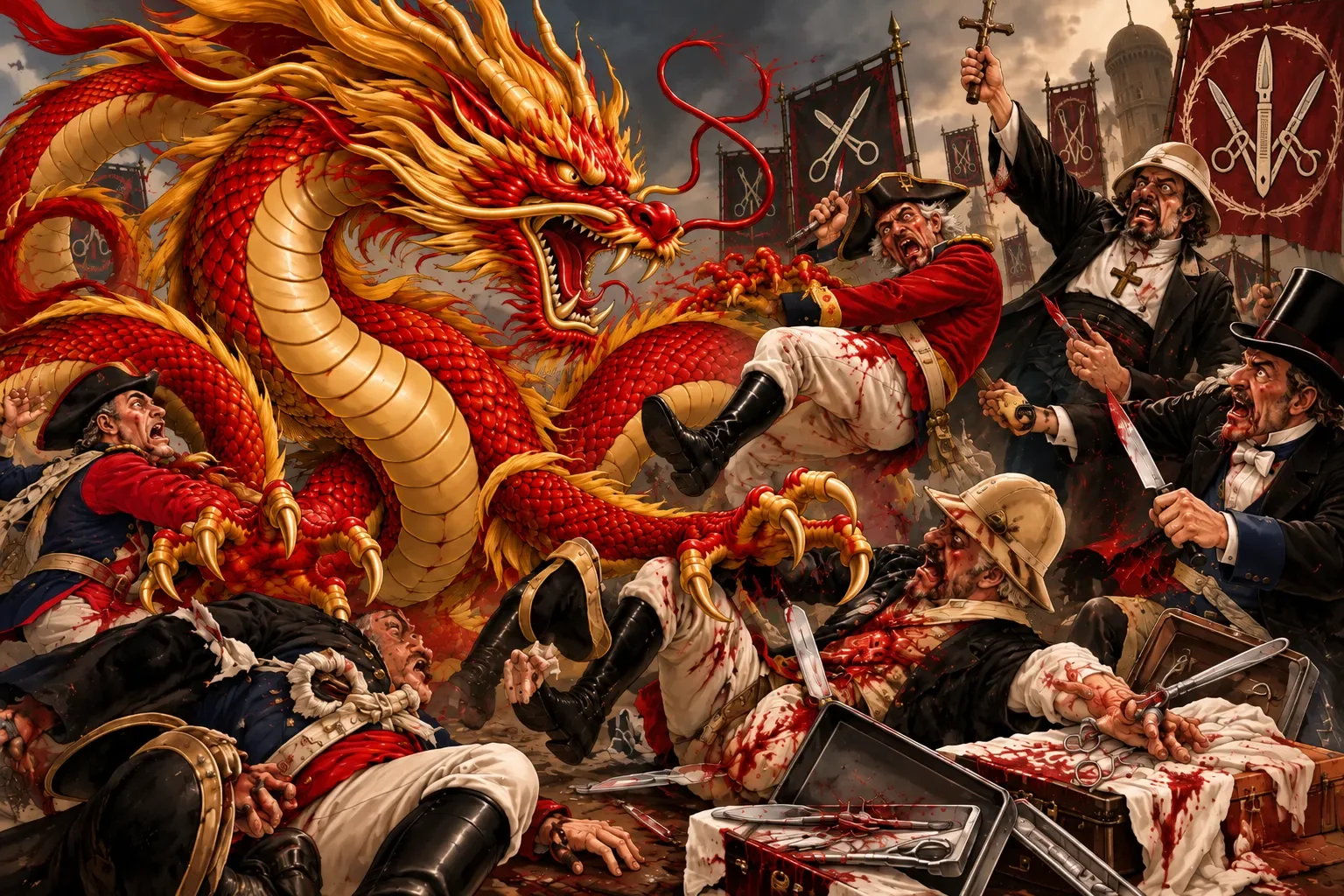 Artwork: a red and gold dragon tears through colonial soldiers, a missionary and surgeons armed with bloody scalpels under scissor-and-scalpel banners