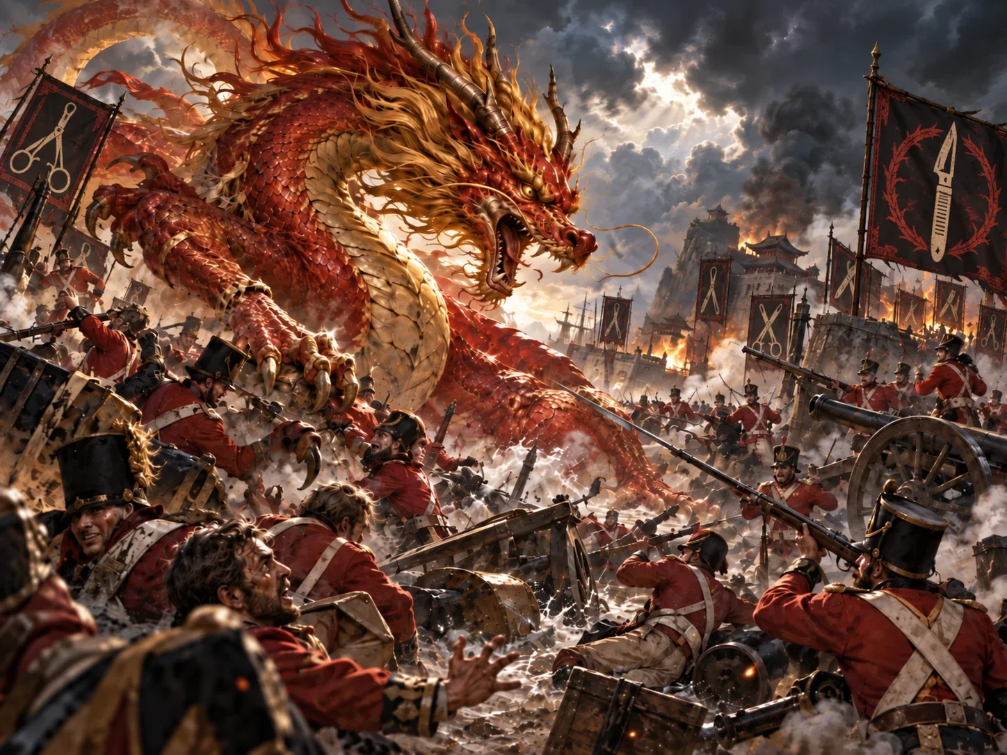 Artwork: a red and gold dragon rises against British redcoat soldiers, cannons and scalpel-marked banners outside a burning Chinese fortress