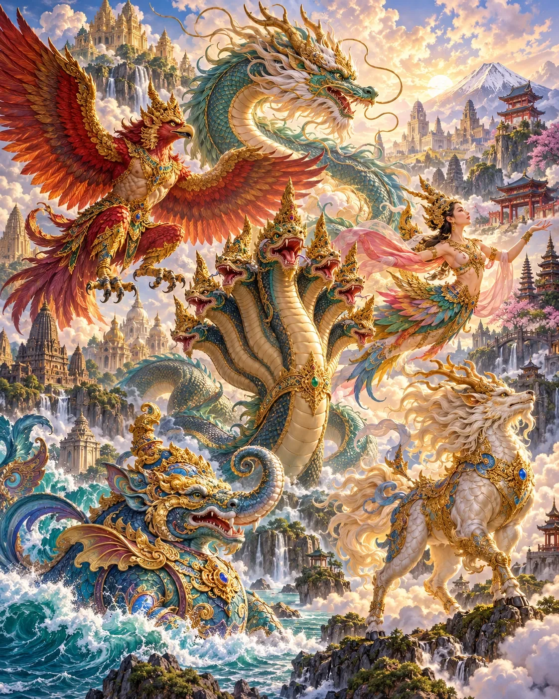Artwork: guardians of Asian mythology together, a Garuda, a seven-headed Naga, a Chinese dragon, a Kinnari dancer, a qilin and a makara, above temples from India to Japan