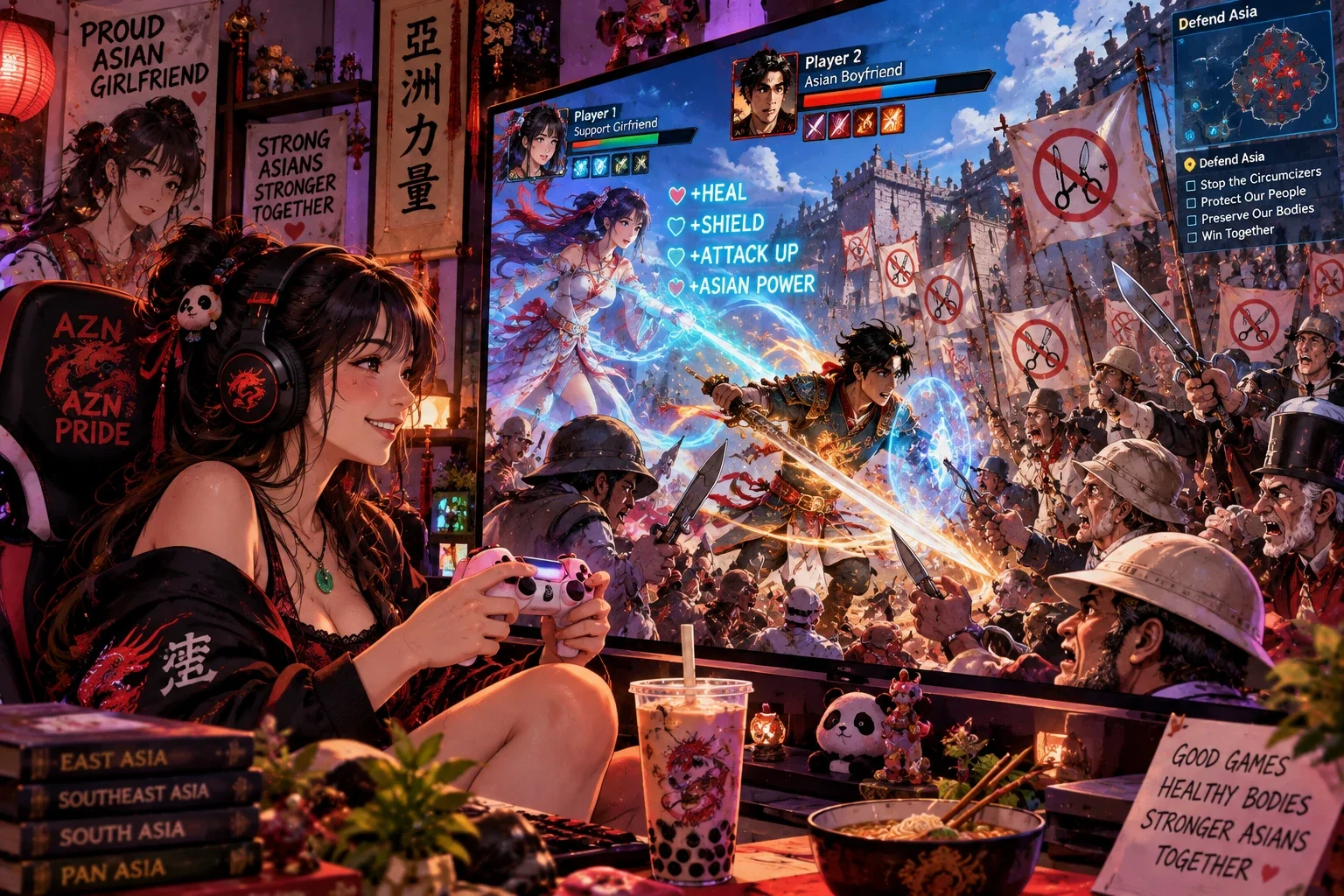 Artwork: a gamer in an AZN Pride hoodie plays co-op with her boyfriend, their heroes defending Asia against circumcisers on screen, with the quest list Stop the Circumcizers, Protect Our People, Preserve Our Bodies, Win Together